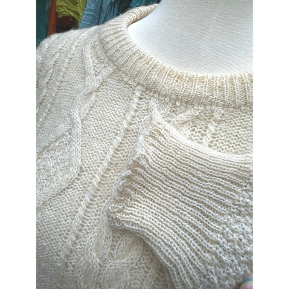 Vintage Cream Aran Cable‎ Knit Sweater L Unisex Cottagecore Old Money 80s 90s - Picture 5 of 11